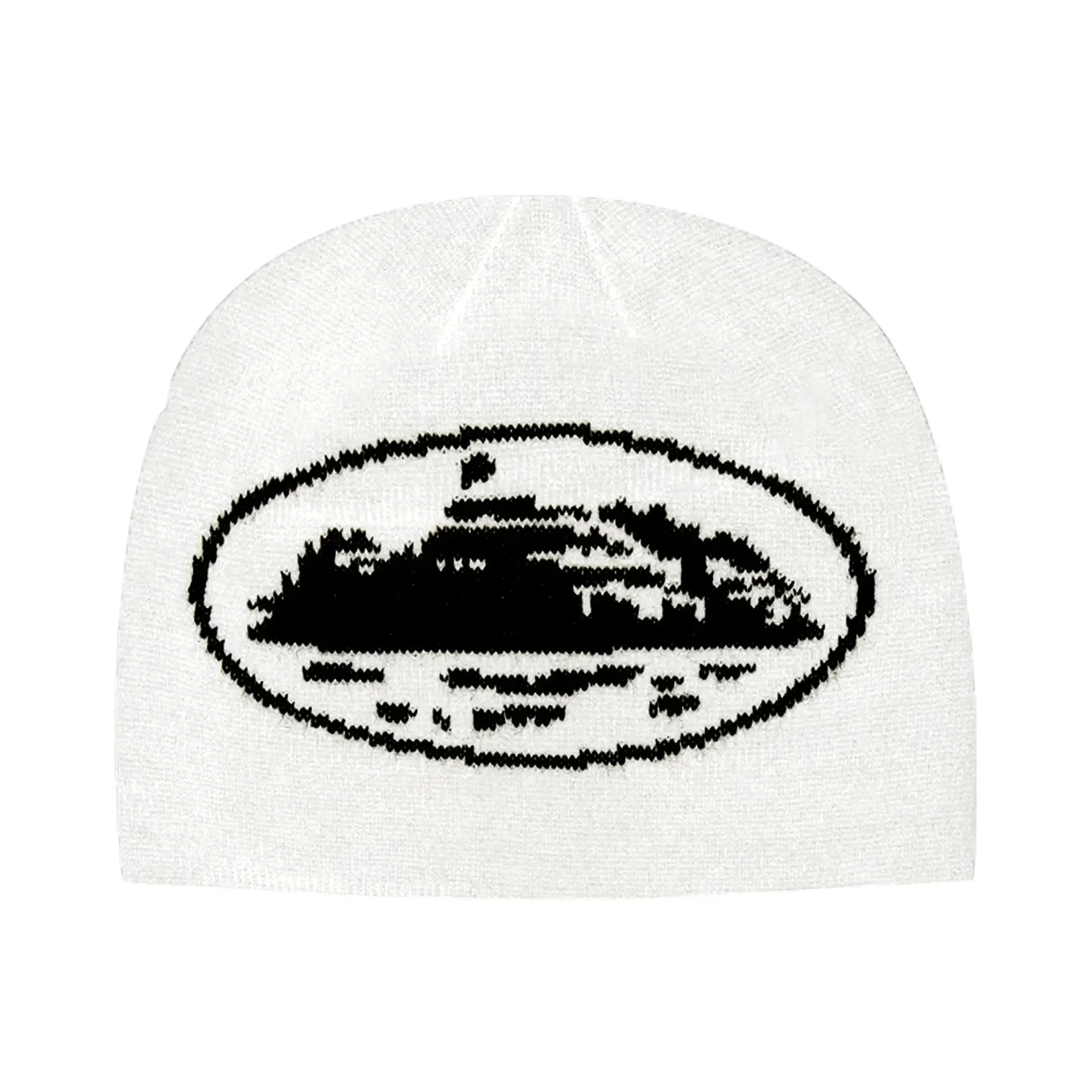 corteiz-alcatraz-beanie-white-front: Przód czapki Corteiz Alcatraz Beanie w białym kolorze