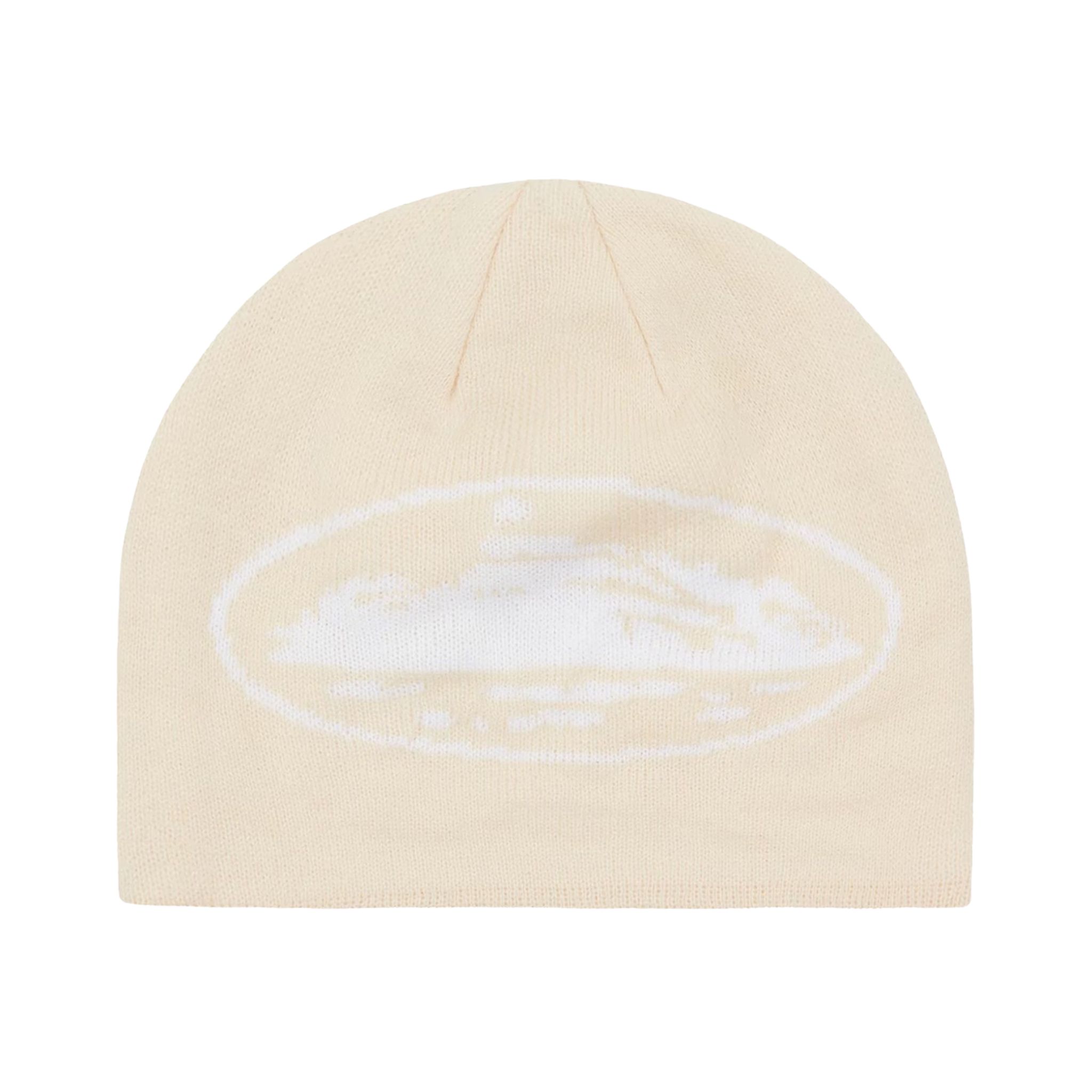 corteiz-alcatraz-beanie-cream-front: Przód kremowej czapki Corteiz Alcatraz z logotypem