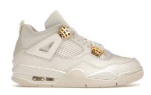 Air Jordan 4 Metallic Gold Women's biała cholewka skórzana z złotymi akcentami widok z boku