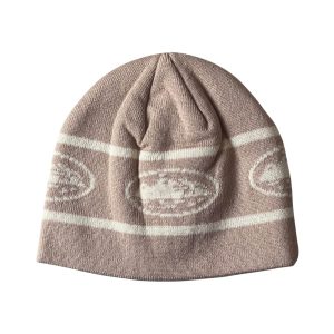 Corteiz Repeat Alcatraz Beanie Brown Cream czapka zimowa dwukolorowa widok z przodu