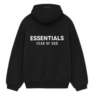 Fear of God Essentials Fleece Hoodie — widok z tyłu z logo ESSENTIALS