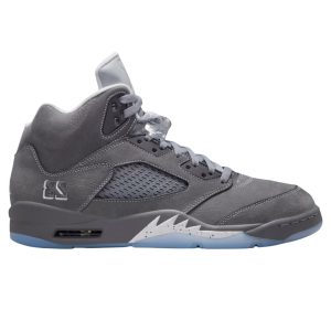 Air Jordan 5 Wolf Grey – widok z boku, szary nubuk i białe przeszycia